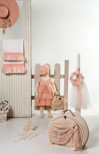 1402 - christening dress in salmon pink muslin fabric with lace and polka dot salmon tulle