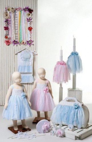 1408 - baptism dress made of muslin textile with light blue or pink lace